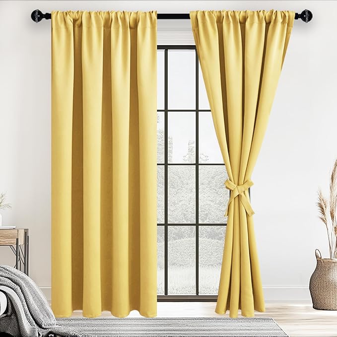 JIUZHEN Blackout Curtains – Thermal Insulated,Noise Reducing Room Darkening Soundproof Drapes for Living Room,Bedroom, Set of 2 Panels with Tiebacks, 42 x 84 inch Long, Light Yellow