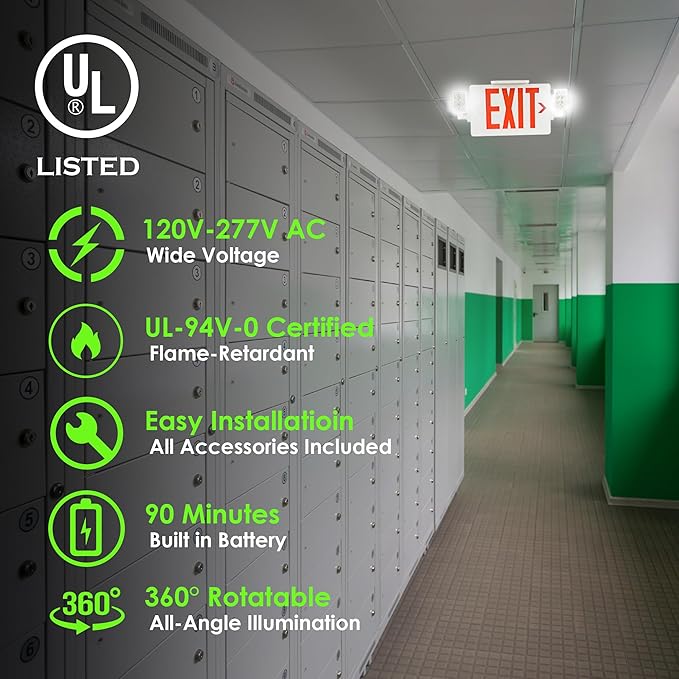 Gruenlich LED Combo Exit Sign, Emergency Light with 2 Adjustable Heads and Double Face, Back Up Batteries- US Standard Red Letter EXIT, UL 924 Qualified, 120-277 Voltage, 12-Pack