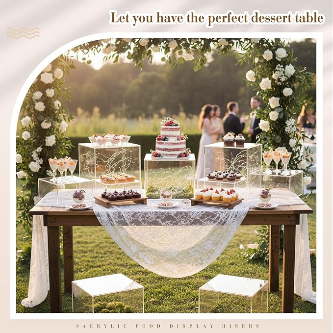 Leinuosen 7 Pcs Extra Large Buffet Risers Set 10" to 16" Rectangle Acrylic Display Box Catering Dessert Table Riser Food Display Decorative Stand with Hollow Bottom for Catering Supplies(Clear)
