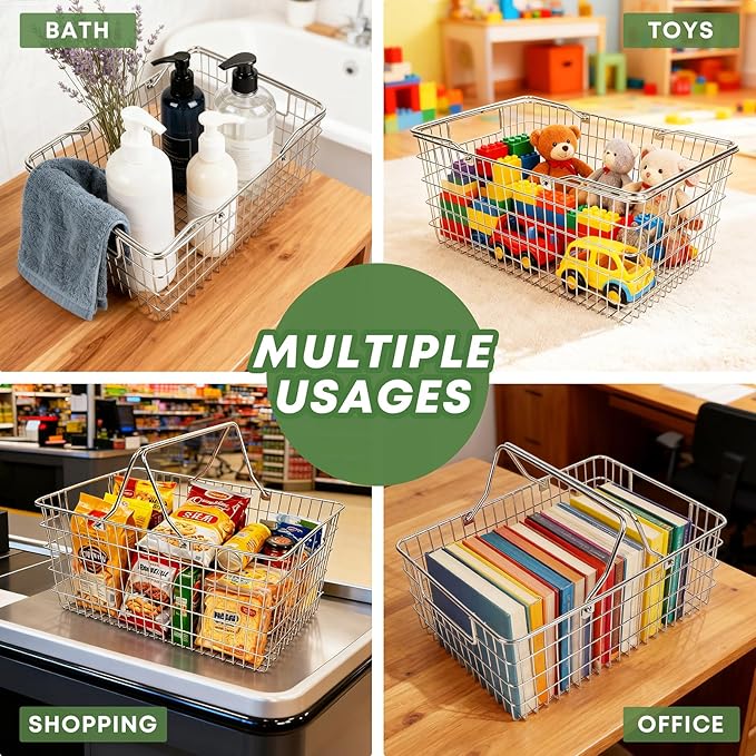 Small Picnic Baskets, Wire Baskets for Organizing with Foldable Handle - 12.6"x9.1"x5", Sturdy Stainless Steel Storage Baskets for Outdoor Picking, Picnic, Kitchen & Fridge & Cabinet Organizer(1, S)