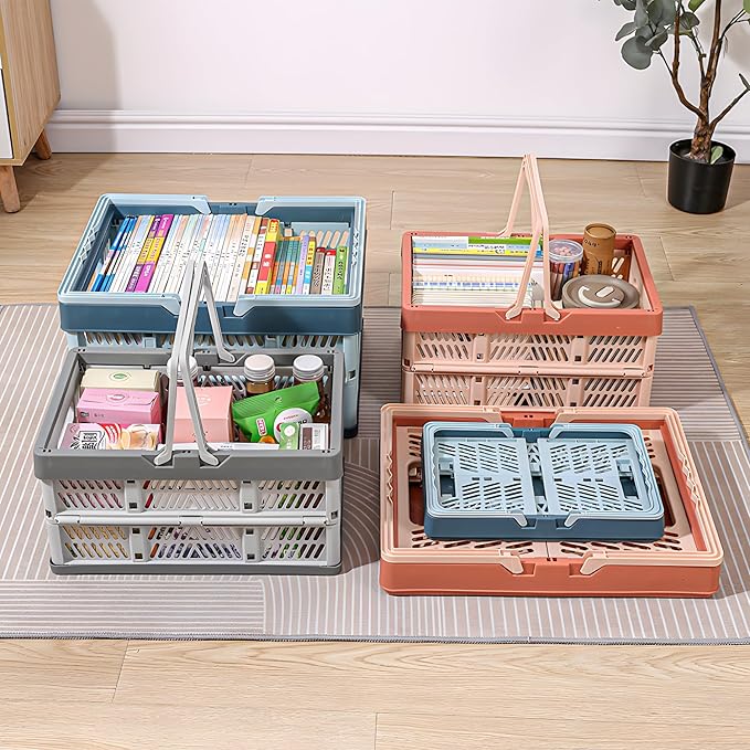 Domiella 2-Pack Foldable Storage Baskets, Collapsible PP Crates with Handles - 20L Capacity, Strong and Portable for Home Organization, Picnic and Shopping, Grey + Blue