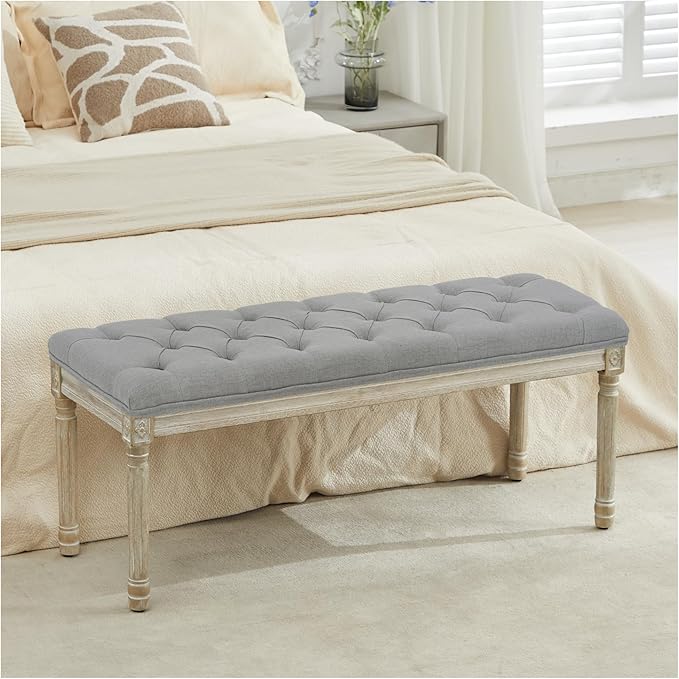 LOULENS 43.9" Linen Fabric End of Bed Bench, Vintage French Upholstered Button Tufted Entry Bench, Window Seat with Carved Wood Legs for Bedroom, Living Room, Entryway, Foyer, Hallway, Light Grey