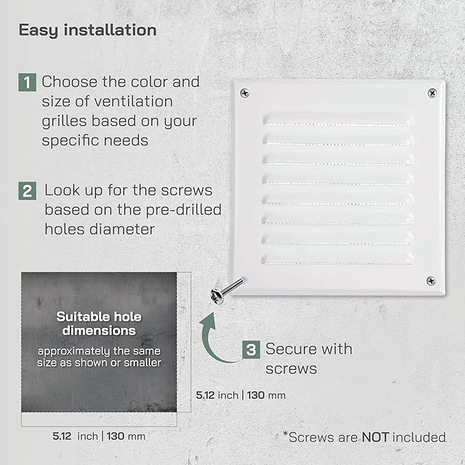 Vent Systems - 5 x 5 Inch (Inner) Pack of 10 White Metal Square Soffit Air Vent Grille Cover, Register Vent Deflector Louver Built-in Mesh HVAC for Bathroom Home Office Kitchen 6.5" x 6.5" (Outer)