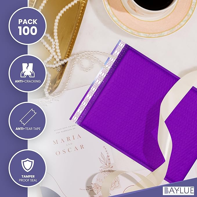 Purple 10x13 Inch Poly Bubble Mailers |Self Seal Padded Envelopes for Thick books | Air Cushioned Bubble Mailer | Usable Size 9.5x13 | Waterproof Lightweight Mailing Shipping Bags | 100 Pack Bulk