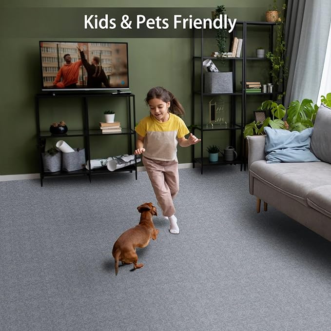 Peel and Stick Carpet Tiles, 12" x 12" Self-Adhesive Soft Floor Stickers,Light Gray Easy Install DIY Rug for Kids' Room, Bedroom, Dining Room, 20 PCS (20 sq ft/Box)