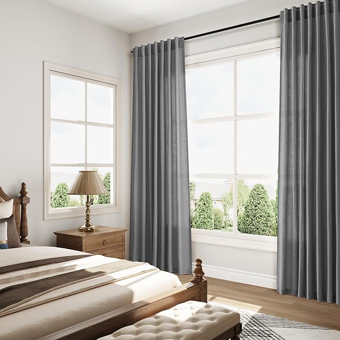 Nanspring Blazer Grey Curtain SheerLinen Blend Light Filtering Back Tab Curtains 102 Inches Long, Semi Sheer Privacy Drapes for Living Room & Bedroom, 52x102 inch, 2 Panels