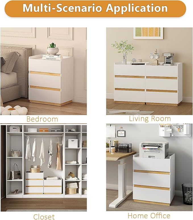 Large Modern Nightstand White Bedside Table, 3 Drawer Dresser Wood Stackable Storage Drawers for Clothes for Closet, Bedroom, 24"x16"x29"