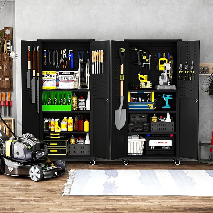 71'' Garage Storage Cabinet on Wheels Black Metal Tool Cabinets with Locking Doors and 3 Adjustable Shelves,Heavy Duty Tall Rolling Steel Cabinets for Garage Warehouse Basement Office