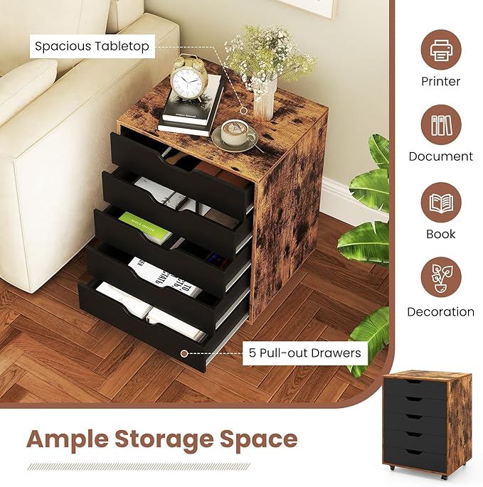 LOKO 5-Drawer Storage Cabinet, Versatile Drawer of Chest with Lockable Wheels, Mobile Office Lateral File Cabinet, for Home Office, Study (Rustic Brown + Black, 16" D x 19.5" W x 25.5" H)