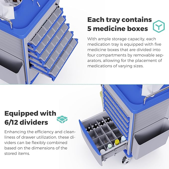 Medication Bins Cart with 200 Bins and Drawer - Dual-Sided Open, 50 Medicine Boxes, Silent Casters, Movable Container, 2 Trash Bin-Medical Crash Cart for Clinic, Hospital and Lab, Factory