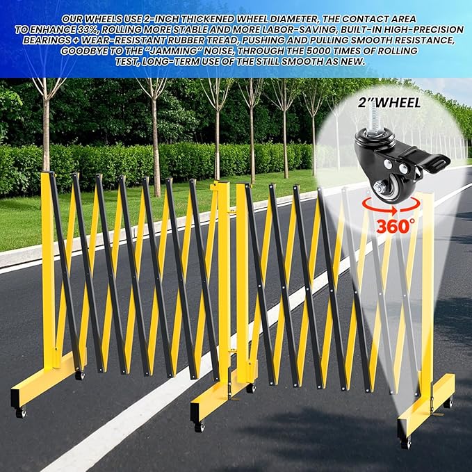 16.8FT Industrial Metal Expandable Barricade，Retractable Traffic Fence with Casters, 270 Degrees Folding Security Gate, Portable Barricade Gate for Construction Area, Traffic Control, Cordon