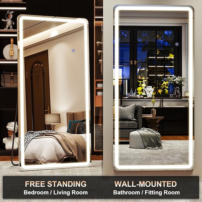 LED Rectangular Corner White Full Length Mirror - 30“ x 71” Brightness Adjustable, Touch Screen Control, Wall Mounted or Freestanding, for Bedroom Living Room Cloakroom Dressing Mirror