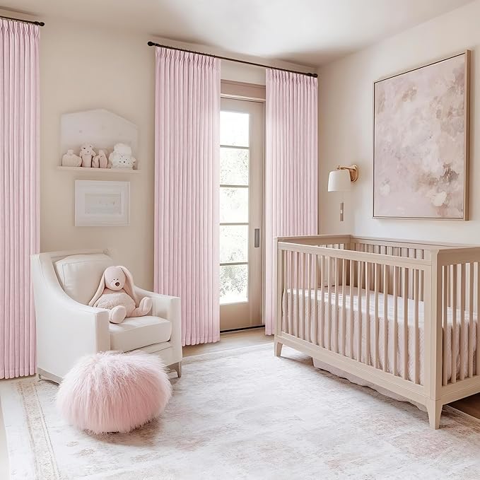 Pinch Pleated Pink Linen Curtains 120 Inches Long for Girls Bedroom Living Room Light Filtering Extra Long Pleated Semi Sheer 120 Inch Curtains Drape Window Panels Pink Blush Babys Nursery