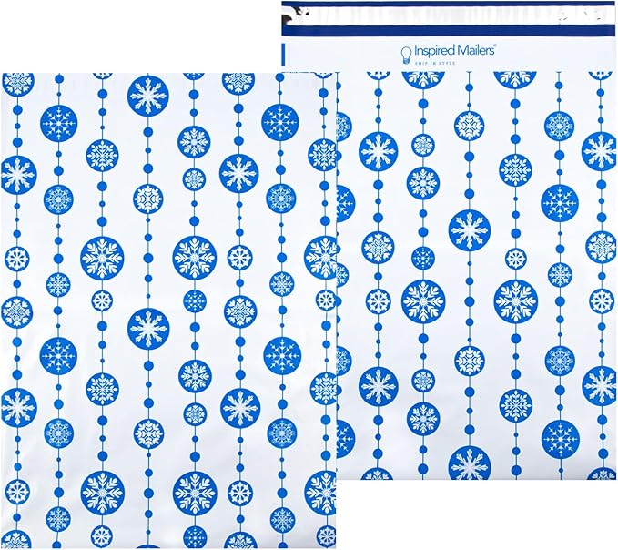 Inspired Mailers - Large Holiday Poly Mailers 14.5 x 19-50 Pack - Snowflake Baubles (Blue) - Large Mailing Envelopes - Large Christmas Shipping Envelopes