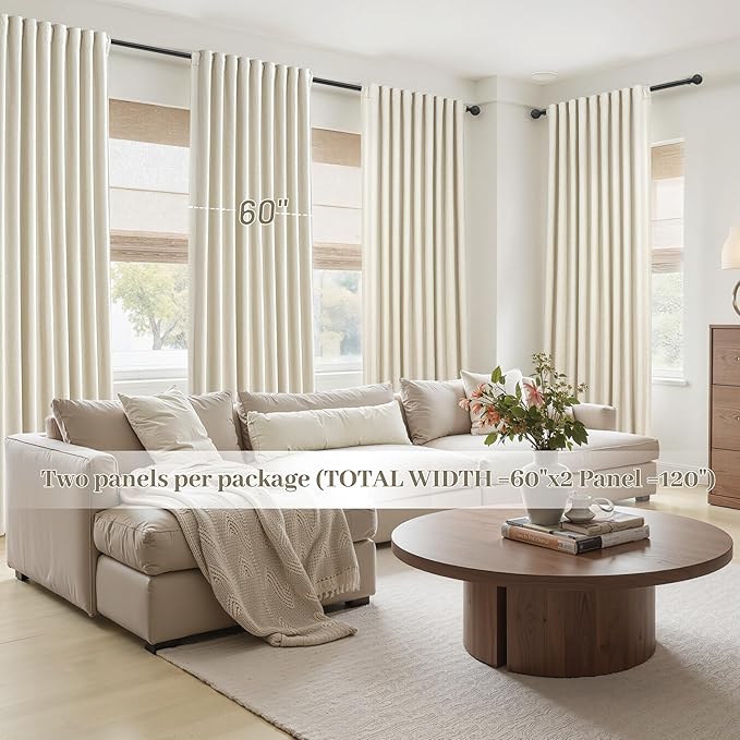 Cute Blackout Curtains 60 Inches Extra Wide Linen 96 Inch Length for Living Room/Sliding Glass Door,Pleated Heavy Duty Thermal Drapes for Winter Thick Large Window(60"Wx96"L 2 Panels Warm Cream)