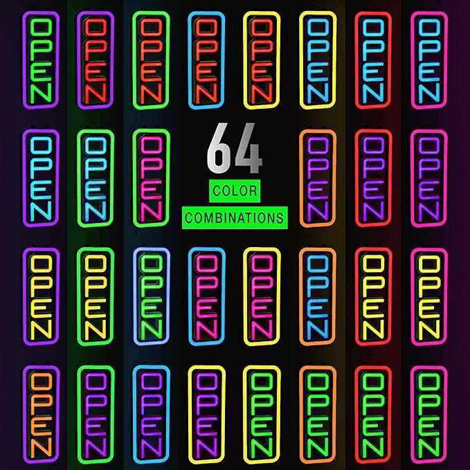 Led Open Sign for Business – Stand Out with 64 Super-Bright Color Combos to Match Your Brand - Programmable Neon Flash, or Scroll – 8 x 19 inch