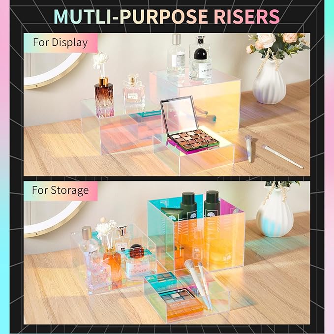 3Pcs Iridescent Display Risers, Rainbow Acrylic Risers Display Stand Acrylic Cube Box for Collectibles Jewelry Perfume Handbag Food Dessert Party Show (Iridescent-3pcs), Perfect for Christmas Decor