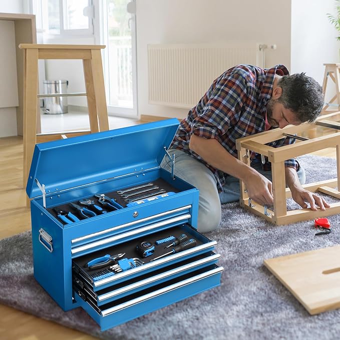 Winado 24" Portable Tool Box, 5 Drawer Tool Chest with Carry Handle, Top Case, Ball Bearing Runners, Lockable Metal Hand Toolbox for Garage, Warehouse, Repair Shop & Home, Blue