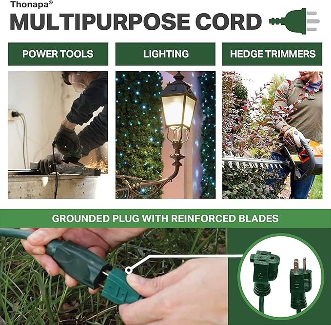 13 Amp Outdoor Extension Cord 10 ft, 16/3 SJTW 10ft Green Extension Cord 3 Prong, Weatherproof for Outdoor Lights, Landscaping & Lawn - US Veteran Owned