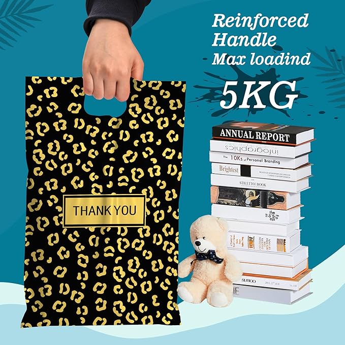 JinRuiKJ Poly Mailers with Handle 10x13 Inch 100 Pcs, Easy to Carry Packaging Bags for Small Business, Thank You Shipping Bags with Self Adhesive Strip, Tearproof and Waterproof - Gold leopard