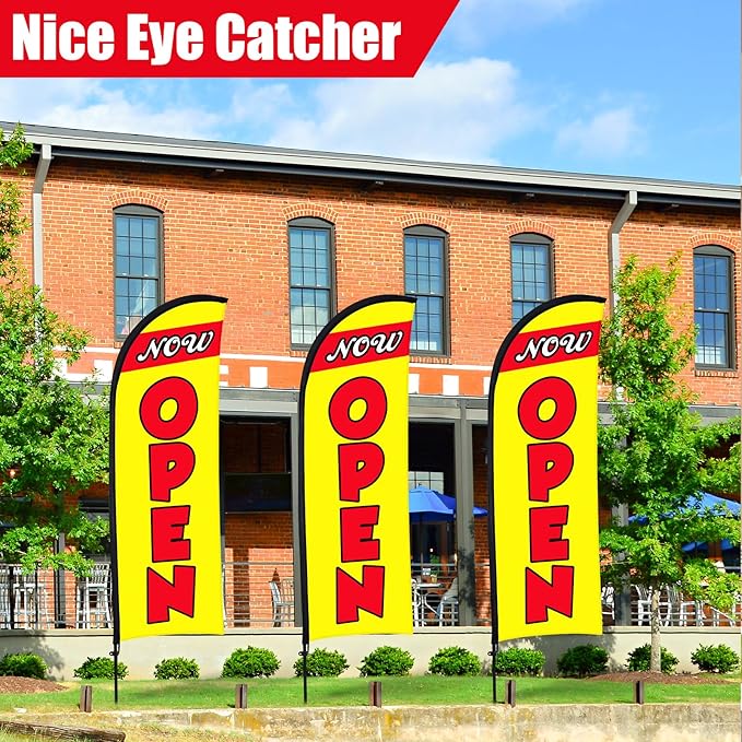 Buryeah 3 Sets Now Open Feather Flag Pole Kit for Business Advertising 7 ft Open Flag Banner Sign with Pole Kit Ground Stake and Portable Bag for Outside Ground(Yellow)
