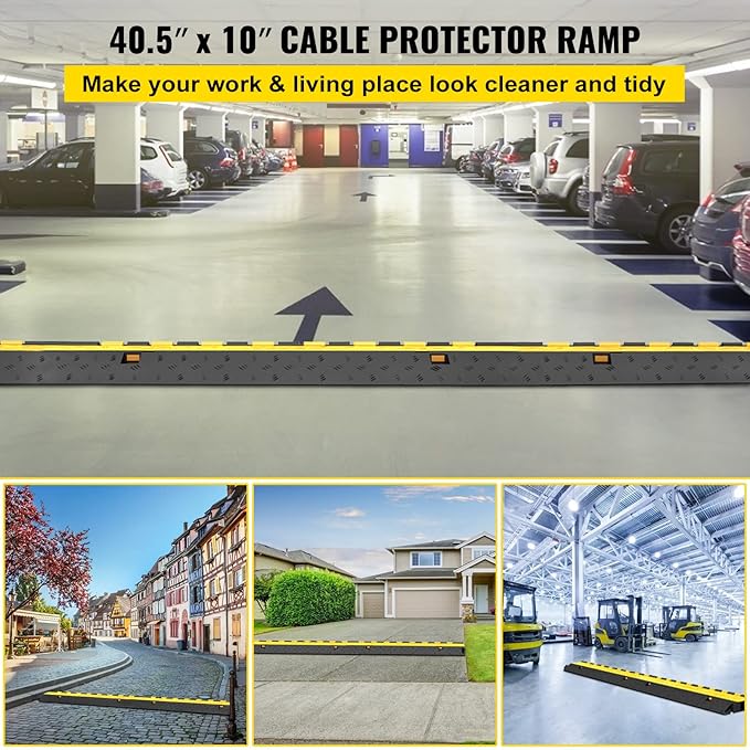 VEVOR 5 Pack Rubber Cable Protector Ramp 2 Channel Heavy Duty 66,000 lbs Load Capacity Cable Wire Cord Cover Ramp Speed Bump Driveway Hose Cable Ramp Protective Cover (2-Channel, 5 Pack-66,000 lbs)