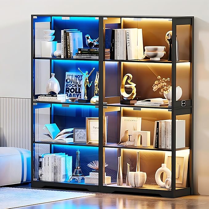 Display Cabinet with Glass Doors, 4-Tier Curio Cabinet with 3 Color Lights for Collectibles, Glass Display Case with Human Body Sensor, Bookcase with 4 Shelves, Storage Cabinets, Black