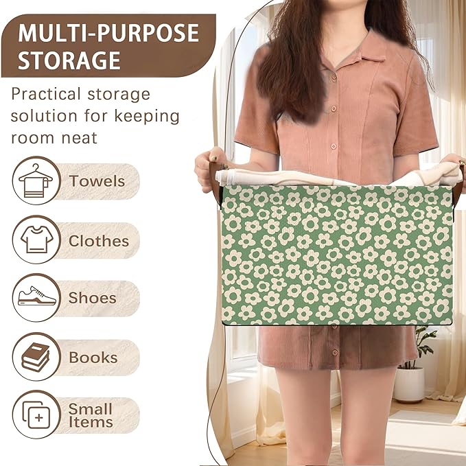 Vintage Groovy Flowers Storage Basket Large 17x11.5x10.5 Inche-Collapsible Fabric Organizer Bin with Handles for Living Room,Bedroom,Blankets-Decorative Hamper with 70s Retro Floral Design-Single Pack