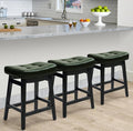 Counter Height Bar Stools Set of 3 for Kitchen Counter Farmhouse Modern Barstools with Faux Leather Upholstered Backless Seat and Solid Wood Legs 24 inch Bar Chairs, Green + Black