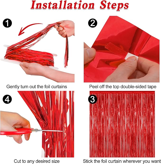 12 Pack Red Curtains, 3.28 FT x 7.05 FT Party Streamer, Metallic Party Backdrop Valentines Day Streamer Foil Curtains, Fringe Tinsel for Red Party Decor Casino Theme Decorations Party Supplies