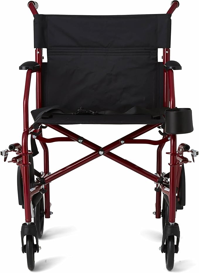 Medline Ultra Lightweight Transport Wheelchair for Adults, Foldable, 19-Inch Seat Width, Red Frame, Black Upholstery