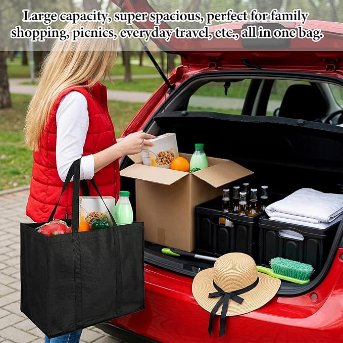 2 Pcs Foldable Reusable Grocery Bags With Reinforced Bottom & Handles, Heavy Duty Shopping Bags For Groceries, Black