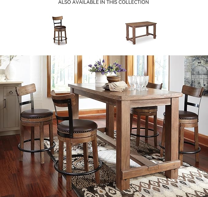 Signature Design by Ashley Pinnadel |24.25" Counter-Height Swivel Bar Stool – Modern Farmhouse, Faux Leather, 360° Swivel, Nailhead Trim, Rustic Light Brown