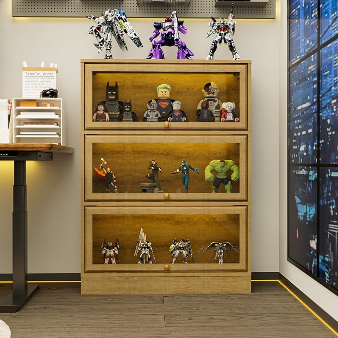 Display Cabinet with Acrylic Glass Doors,3-Tiers Curio Cabinet with LED Lighting for Collectibles, Collectibles Toy Organizers Rack & Display Shelf Display Case Storage Cabinet, Nature