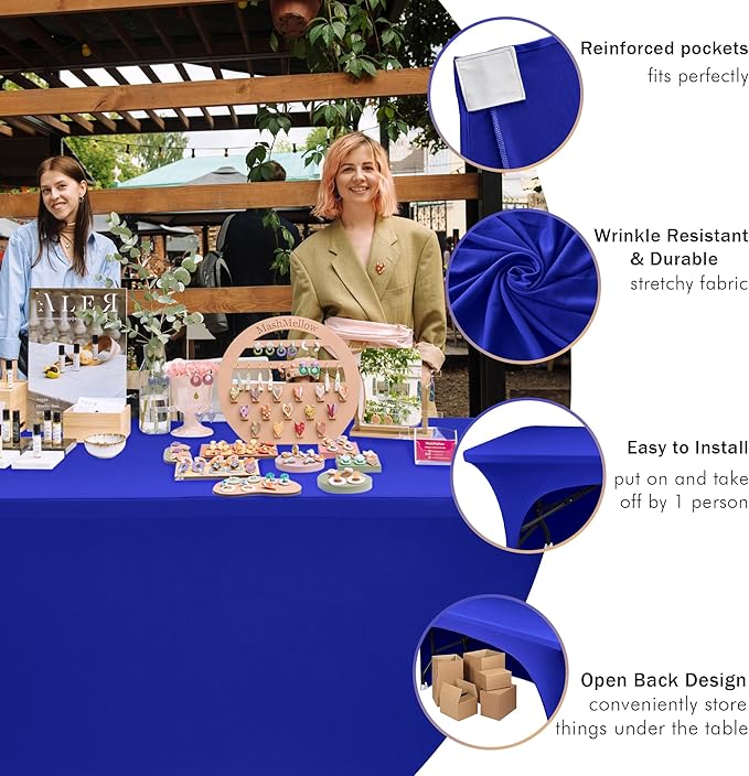 Nasitos 2 Pack Royal Blue 4 ft Table Cloth Fitted-Open Back Spandex Table Covers for Folding Tables, Washable Fabric and Wrinkle Resistant Stretch Table Cover for Trade Show, Parties, Events