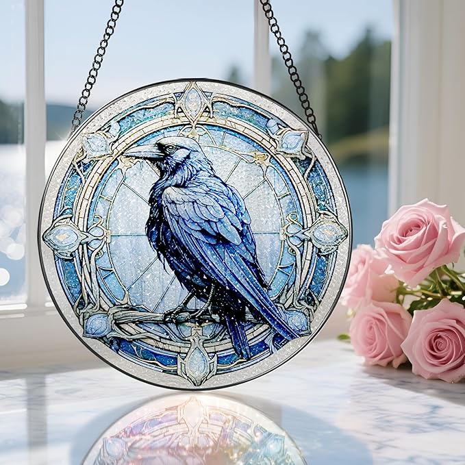 8 Inch Stained Glass Suncatcher Ornament, DOUHASU Crow Sun Catchers Indoor Window, Stained Glass Window Hanging, Home Decor, Bird Lovers Gifts for Women, Men