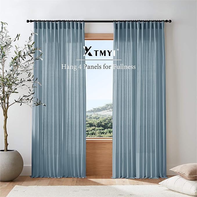 XTMYI Dusty Blue Curtains 84 Inches Long for Living Room,Light Filtering Country Vintage Hooks Pleated Back Tab Semi Sheer Linen Curtains for Bedroom 2 Panels Set,Grey Stone Blue