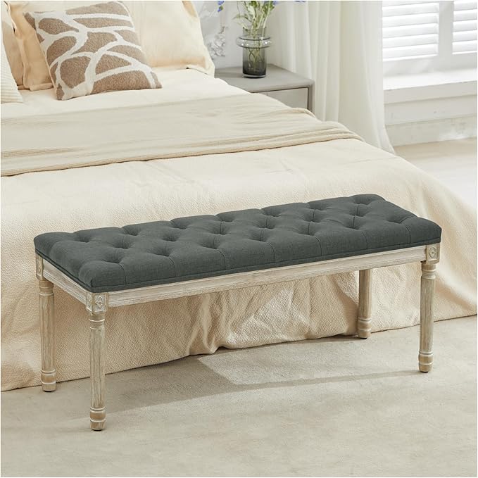LOULENS 43.9" Linen Fabric End of Bed Bench, Vintage French Upholstered Button Tufted Entry Bench, Window Seat with Carved Wood Legs for Bedroom, Living Room, Entryway, Foyer, Hallway, Dark Grey