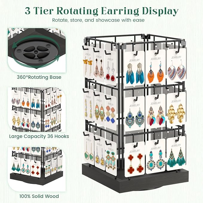 EsLuker.ly Rotating Earring Display Holder Stand for Vendors Events Selling, Large Capacity 36 Hooks Jewelry Rack with Wooden Base for Earring Card Sales, Enhances Retail Visibility(Black)