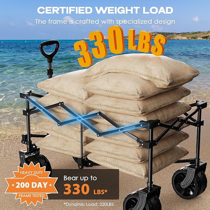 Collapsible Wagon Cart Heavy Duty Foldable, Folding Beach Wagon with Big Wheels for Sand, Utility Grocery Cart with Side Pocket and Brakes for Sports Outdoor Activities, Light Blue