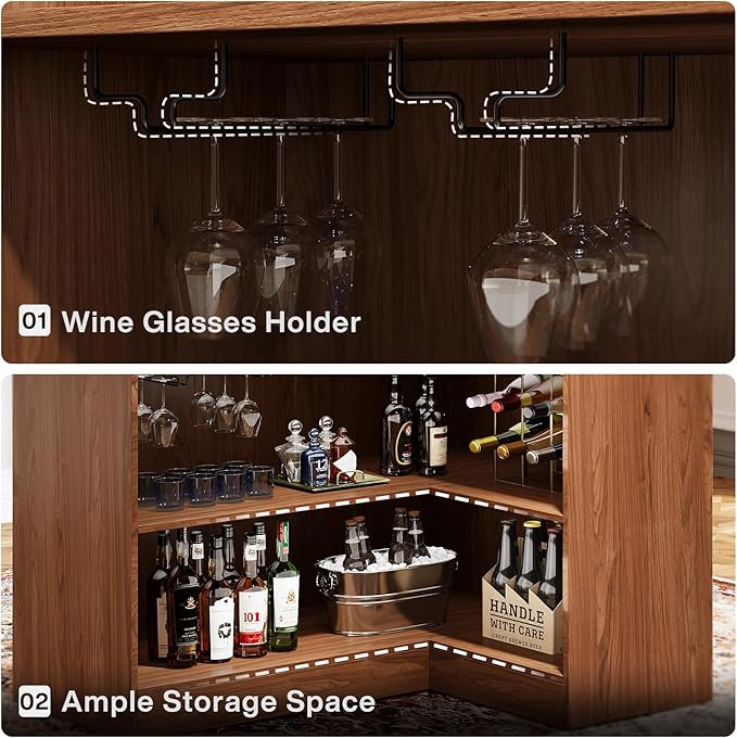 Tribesigns Bar Cabinet, L-Shaped Home Bar Table with Stemware Racks, 4-Tier Corner Bar Unit Liquor Wine Bar Table Reception Desk for Home Pub, Red Brown