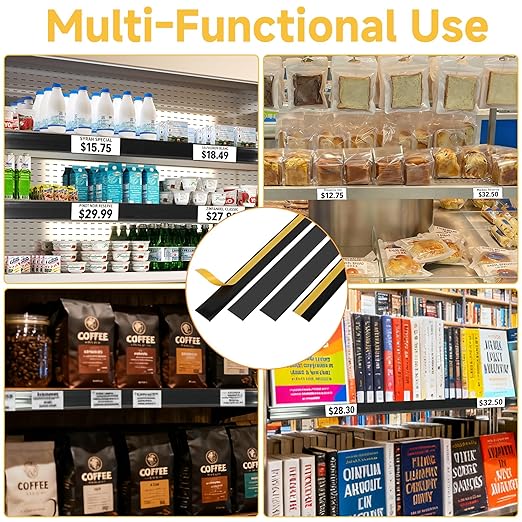 50 Pcs Shelf Label Strips 1.5''H x 48''L Self Adhesive Label Holder with 50 Pcs White Labels, Gondola Price Tag Holder Clear PVC Adhesive Ticket for Metal Wood Plastic Rack (Black)