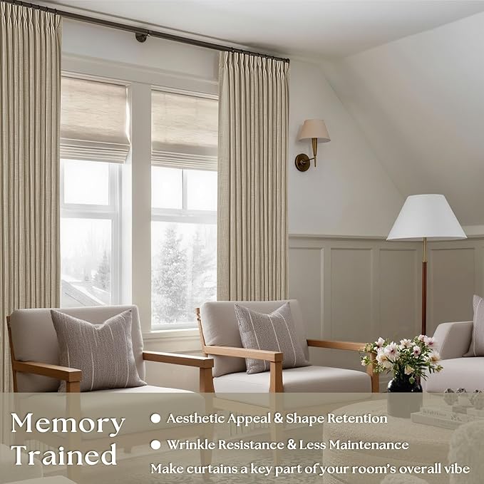 Pleated Linen Curtains 90 Inches Long for Living Room Pinch Pleat Hooks Track System Back Tab Custom Made Memory Shape Drape Privacy Protection Grey Beige Living Room Bedroom Window Curtain 90 Inch