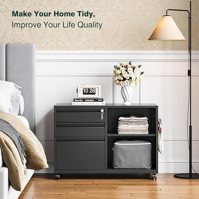 3 Drawer File Cabinet with Lock,Mobile Lateral Filing Cabinet,Metal Printer Stand Storage Cabinets with Shelves for Home Office(Black)