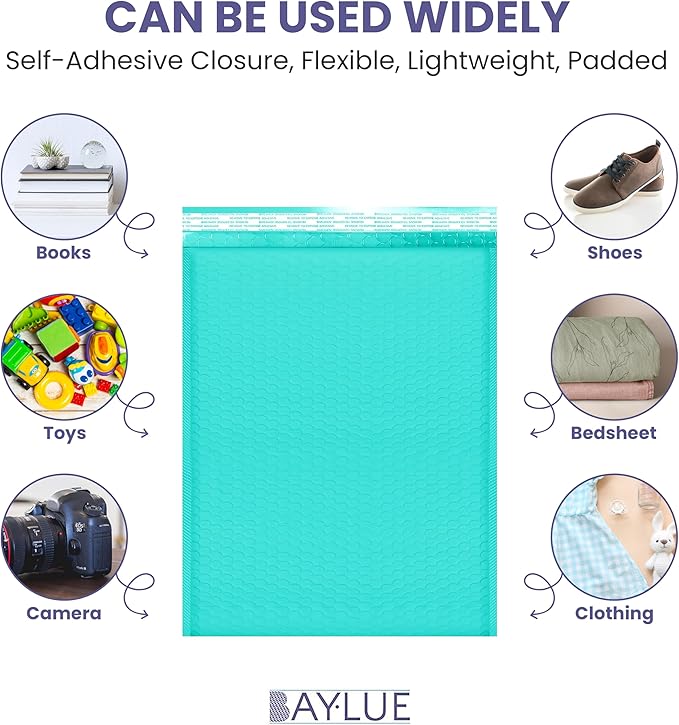 Teal 10x13 Inch Poly Bubble Mailers |Self Seal Padded Envelopes for Thick books | Air Cushioned Bubble Mailer | Usable Size 9.5x13 Inch | Waterproof Lightweight Mailing Shipping Bags | 100 Pack Bulk