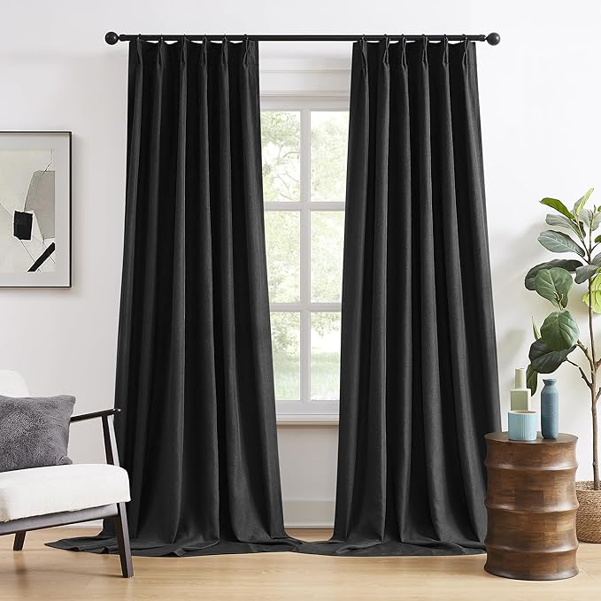 DUALIFE 2 Panels Pinch Pleated Blackout Curtains, Back Tab with Hooks, Extra Long Black Curtains/Drapes 132 Inch Length 11 FT,Thermal Insulated Draperies for Loft,(Black, 2 Panels,40" W x 132" L)