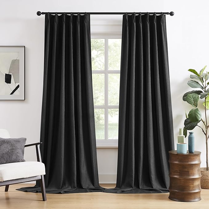 DUALIFE Black Out Pinch Pleated Curtain Drapes 104 Inch Length for Living Room, Back Tab with Hooks for Track System,Energy Saving Curtains for Patio Sliding Glass Door, Black,40x104 Inch,2 PCs