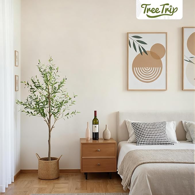 Artificial Olive Tree 5FT, Tall Faux Olive Trees for Indoor Outdoor, Realistic Potted Plant Natural Wood Trunk, Leaves and Fruits for Home Office Decor (1, 5FT)
