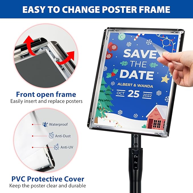 4 Pack Sign Holder Stands - 8.5 x11 inch Standing Sign Stand, Adjustable Poster Sign Holder Pedestal Floor Sign Stand, Aluminum Snap Open Frame for Vertical & Horizontal View Sign Stand, Black