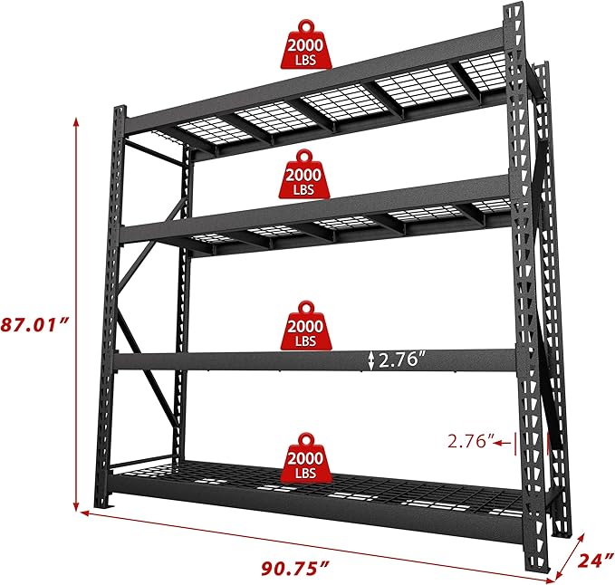 8000LBS 91 "W x 24 "D x 87 "H Storage Shelves, 4-Tier Adjustable Metal Shelving Units and Storage, Iron Industrial Shelving for Garage, Warehouse, Basement, Black